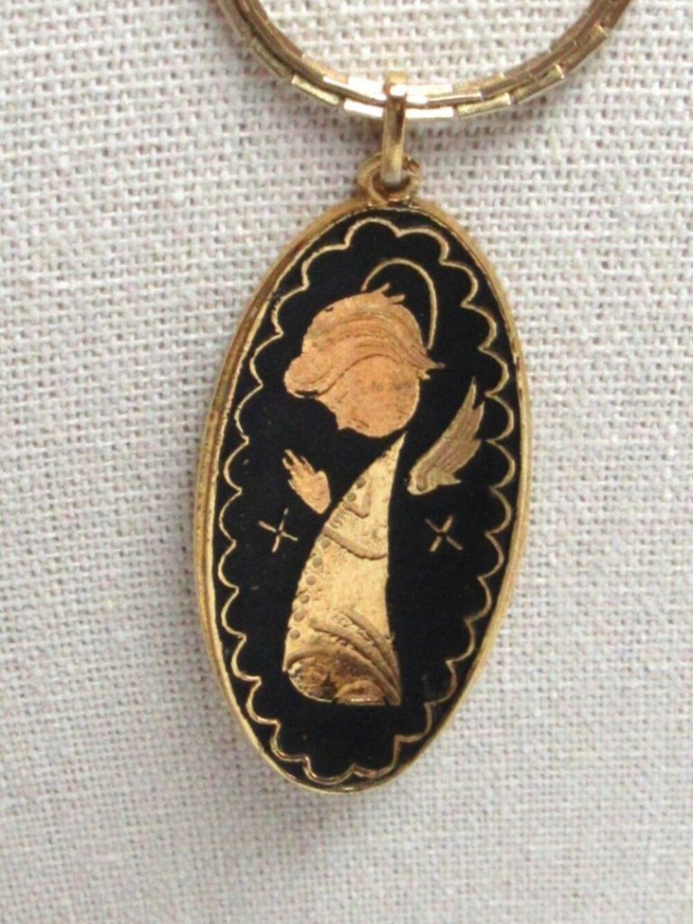 Damascene Spain Pendant Necklace Gold Angel Inlay Prayers Religious Lovely